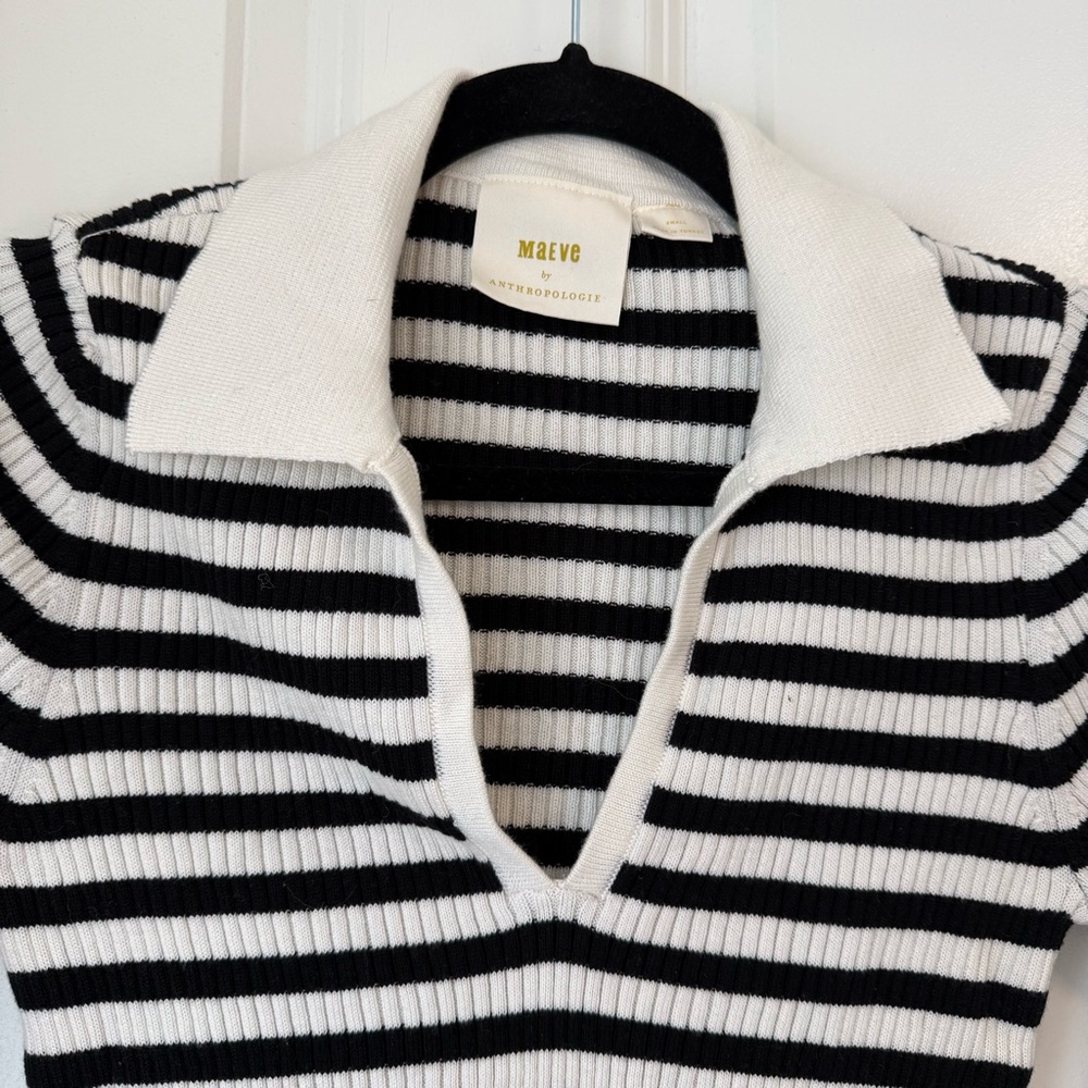 Anthropologie Maeve Bell Sleeve Ribbed Knit Polo Sweater Sz S Black V Neck Prep - Picture 4 of 13